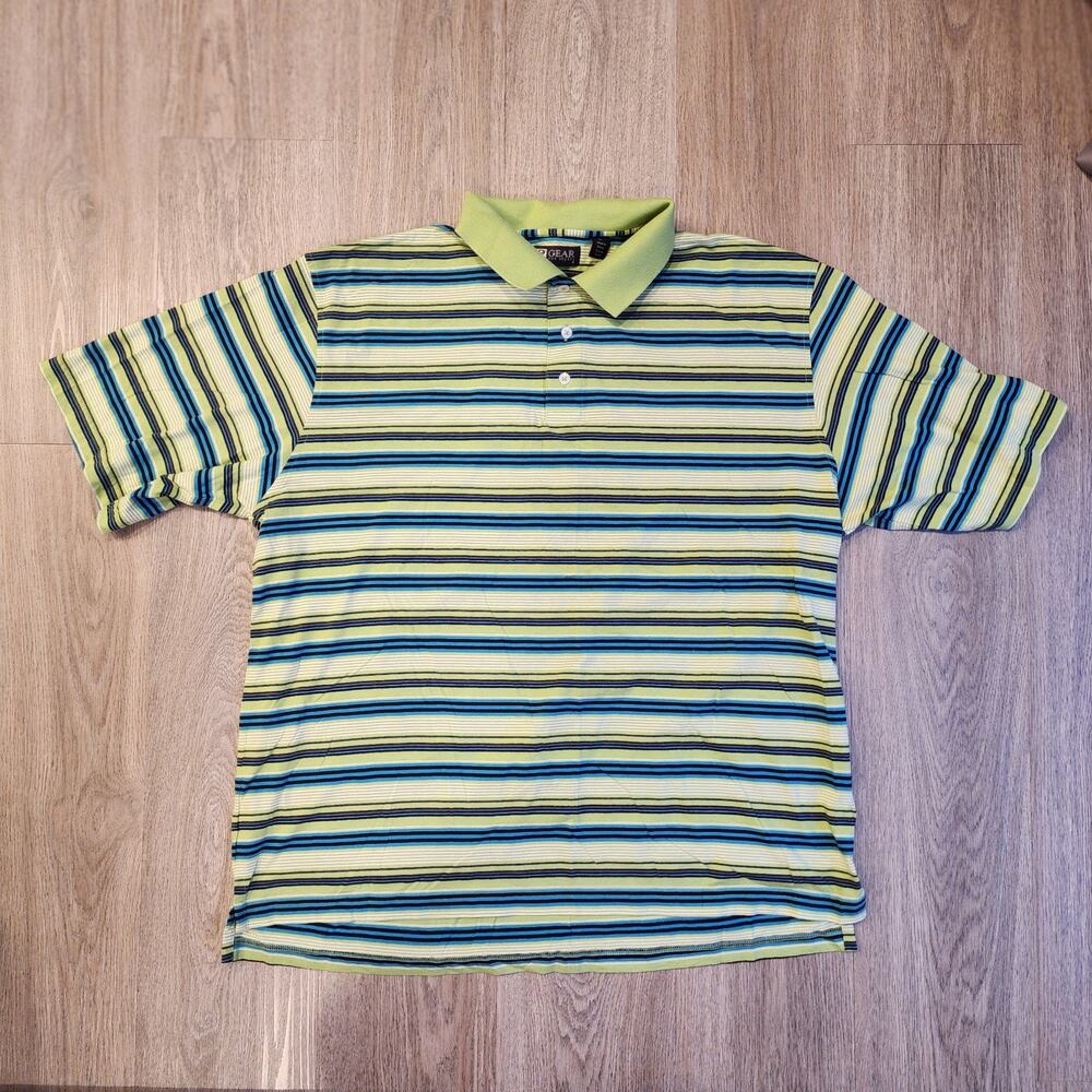 G Gear for Sports Mens XL Platinum Dry Green and Blue Striped Short Sleeve Polo